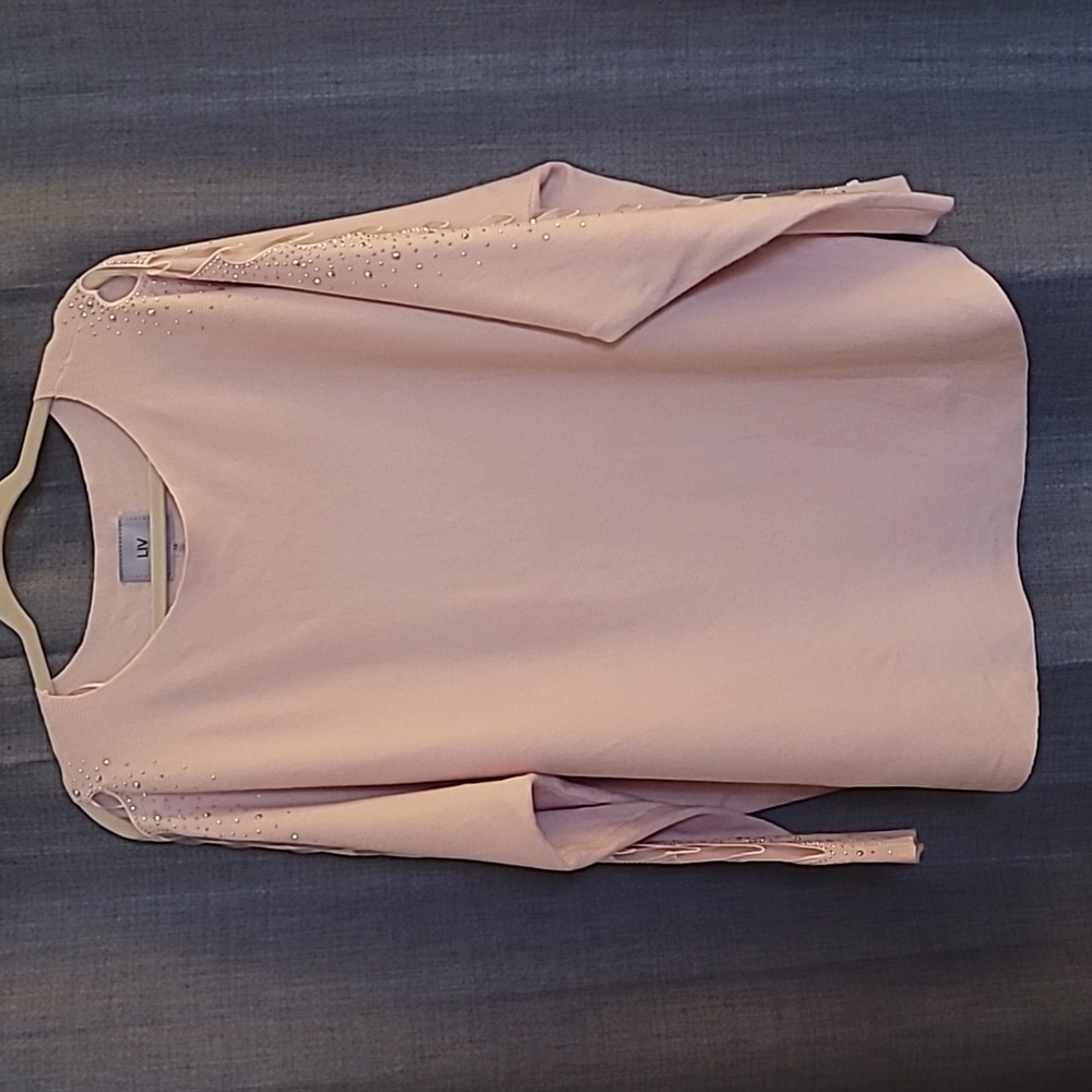 LIV Milano Pink Sweater with Beaded And Lace Heart Print Sleeve